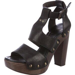 STUART WEITZMAN Women's Black Leather Wood Heels Studded Sandals US 7.5